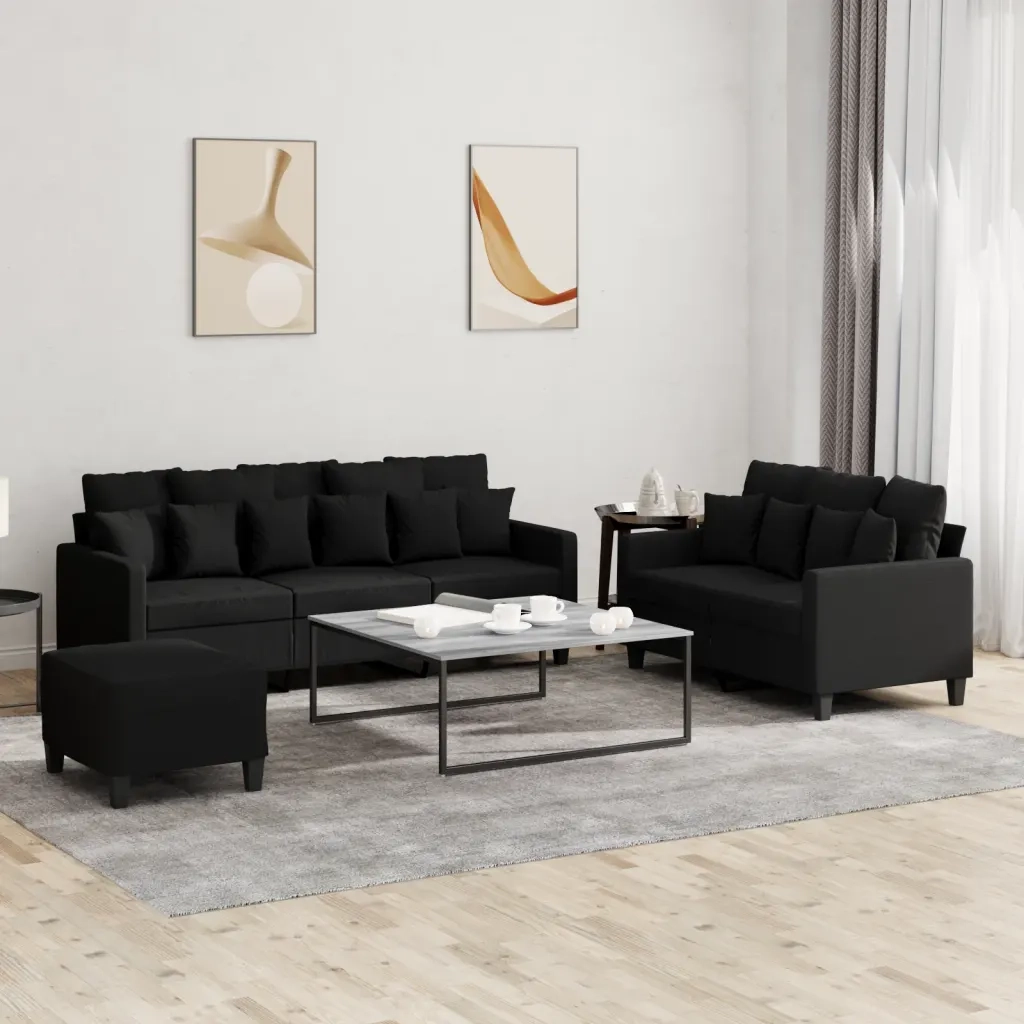 Set di Divani 3 pz con Cuscini Nero in Tessuto