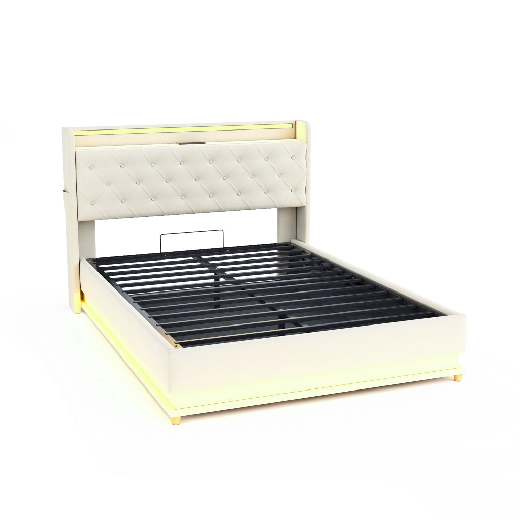 OKWISH Letto Contenitore 140×200 cm, Letto Matrimoniale con LED Multicolore, USB e Vano con Apertura Idraulica, senza Materasso, Beige