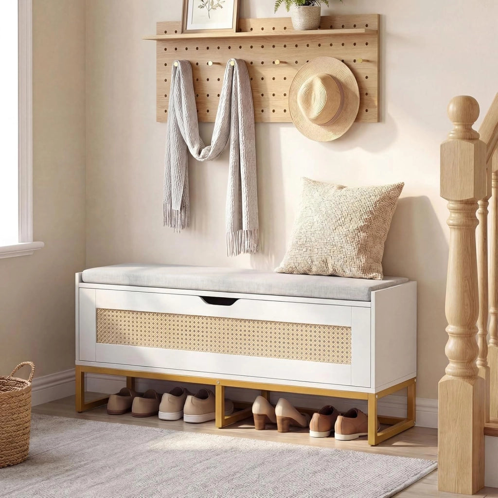 71L Panca Scarpe con Seduta Imbottita, Cassa Portaoggetti in Rattan con Coperchio Ribaltabile, Panchina da Ingresso con Spazio Nascosto, 100x35x44 cm (Bianco)