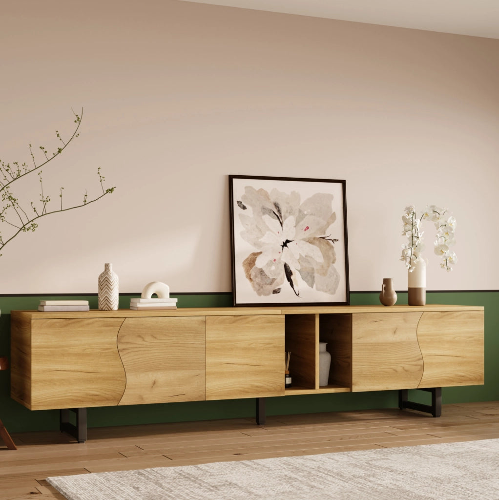 Mobile TV 191x38x46.5 cm con ante curve e ripiani aperti in MDF e pannelli di particelle naturale
