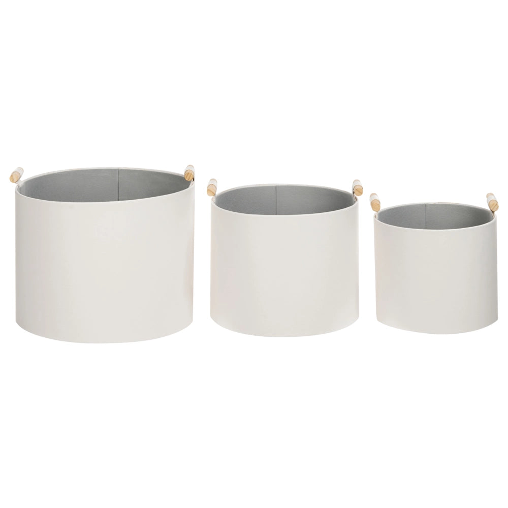 Set di 3 cesti portaoggetti fatti a mano con manici in ecopelle bianco sporco