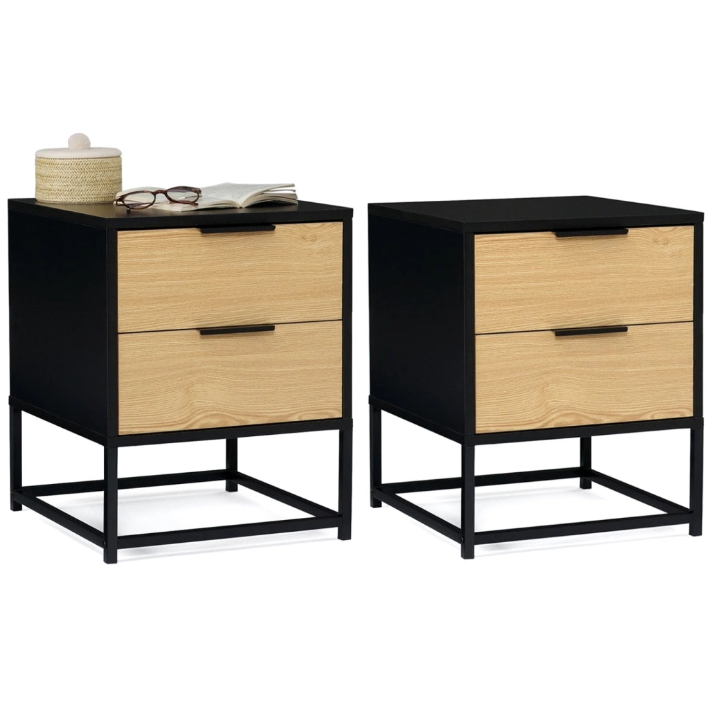 IDMarket - Set di 2 comodini NEVADA, 2 cassetti, design industriale, nero e legno