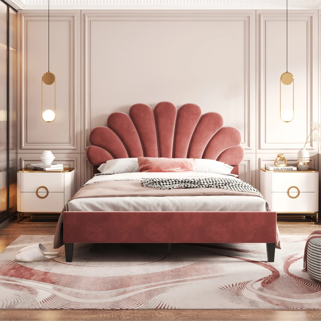 Letto Matrimoniale 140×200 cm; Letto Imbottito con Testiera Floreale; senza Materasso; Velluto Rosso