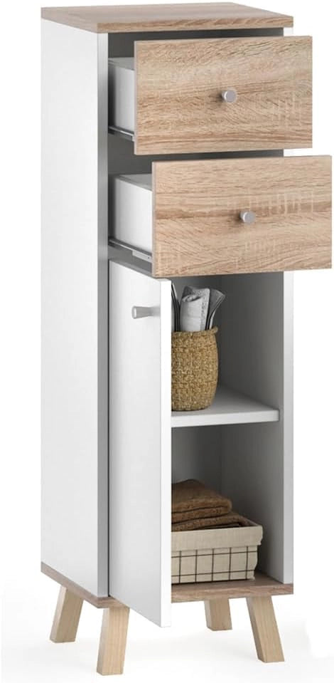 Mobiletto bagno Senyo, Bianco, 30 x 95 cm con cassetti, adatto al montaggio a parete e combinabile con mobili Senyo