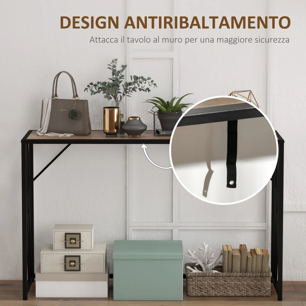 Tavolo Consolle da Ingresso in Stile Industriale. Mobile Vintage in Acciaio e Legno. 120x35x75cm. Marrone