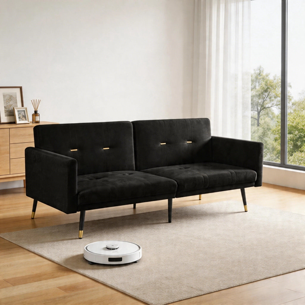 Divano letto 2 posti con schienale regolabile in velluto nero 164 × 89 × 70 cm