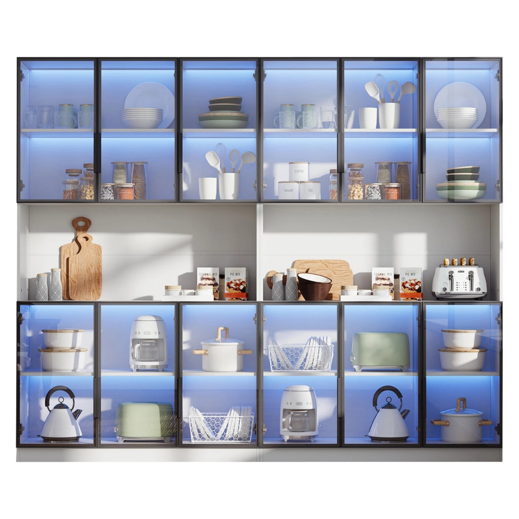 Vetrina alta 240x34x200 cm bianca con 12 ante in vetro, LED con controllo App e chiusura soft-close