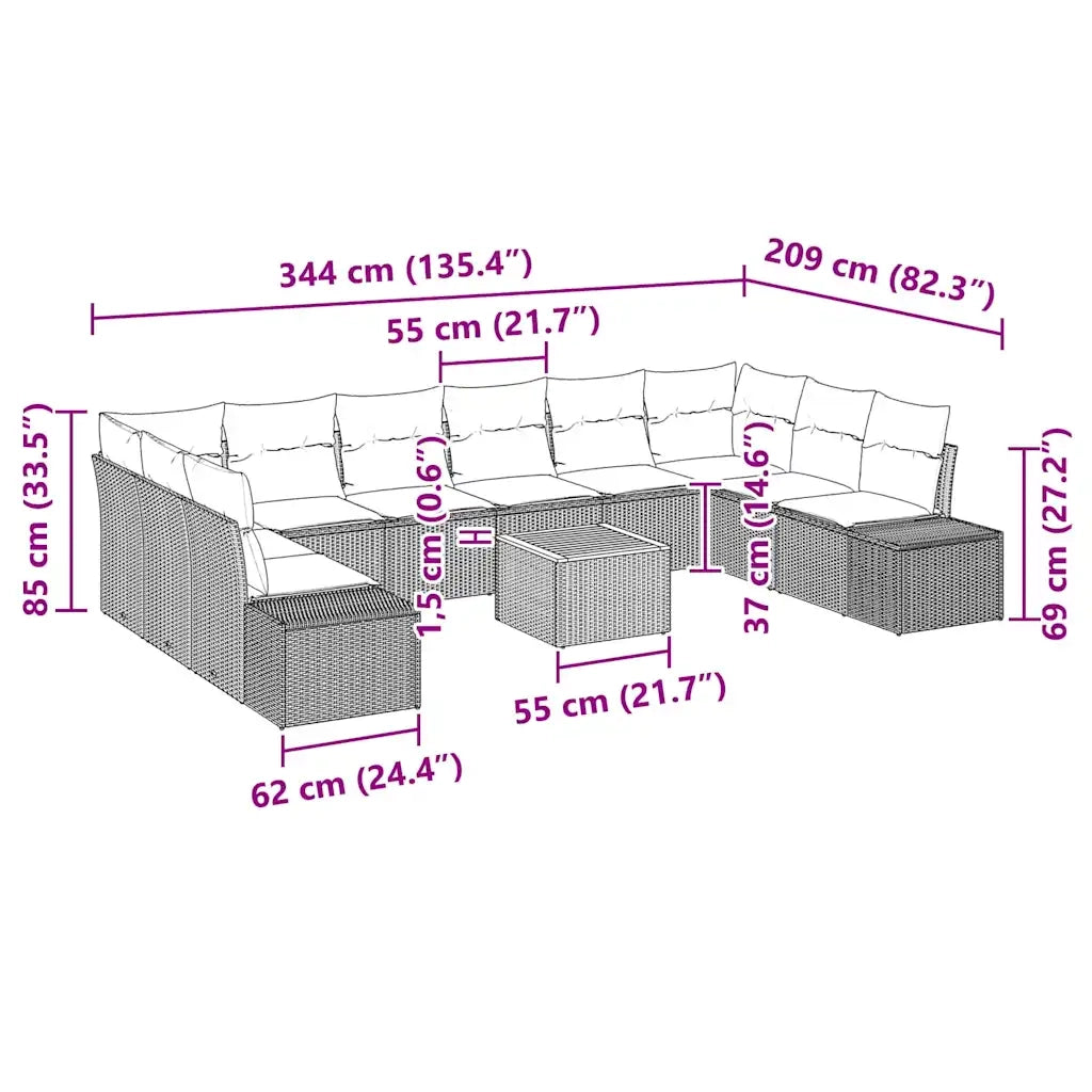 Set Divano da Giardino con cuscino 11 pcs Nero polyrattan 3348006