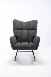 Sedia a dondolo in tessuto teddy con design ergonomico base in legno massiccio e struttura in metallo grigio
