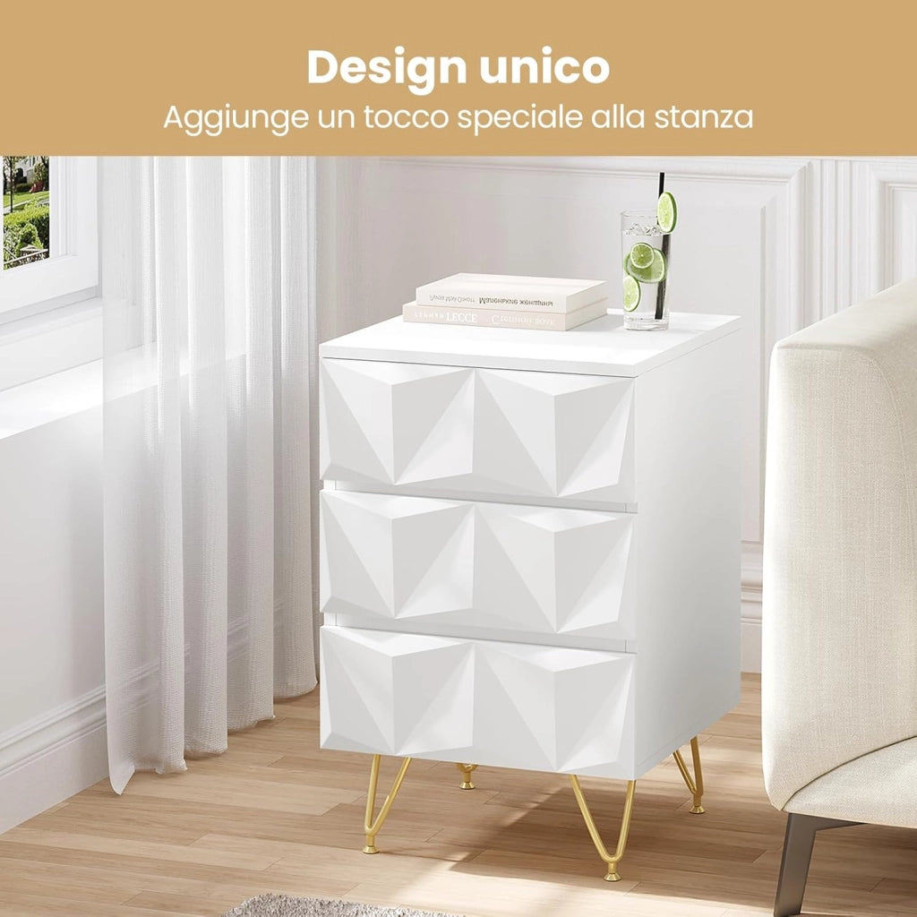 Comodino con 3 Cassetti, Frontale in Rilievo, Tavolino Cassettiera Moderno, 40x40x62,5 cm, Mobile da Letto per Camera da Letto, Soggiorno, in Legno e Metallo, Bianco e Dorato, 0004CTG