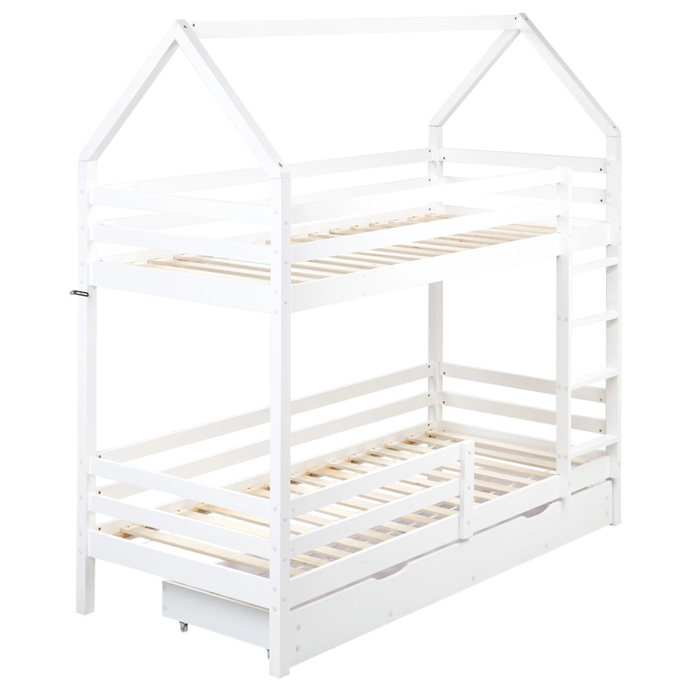 Letto a castello doppio con contenitore in legno di pino bianco UE dimensioni singole 90 x 200 cm Bambini Camera da letto per bambini