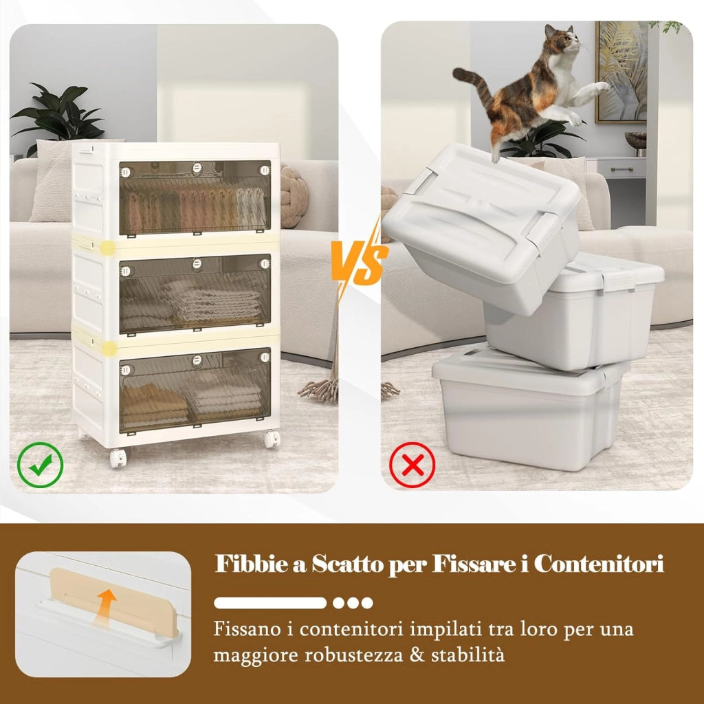 Comodino in Plastica Multipiano con Coperchio 126 L, Scatole Impilabili con 4 Ruote e Freni, Contenitori di Stoccaggio Pieghevole, per Soggiorno, Camera da Letto e Bagno, Bianco (3 Ripiani)