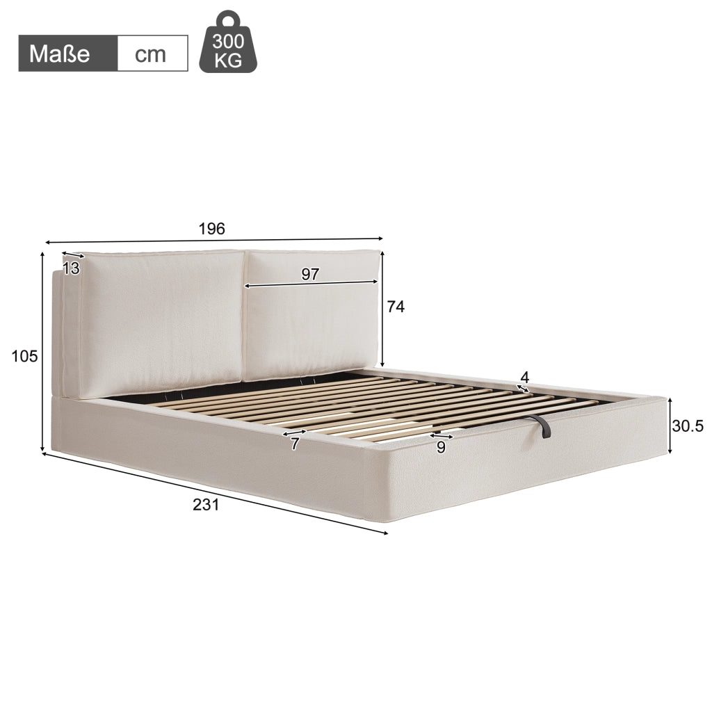 Letto Contenitore Matrimoniale 180x200 cm; con Sollevamento Idraulico e Testiera in Bouclé Beige