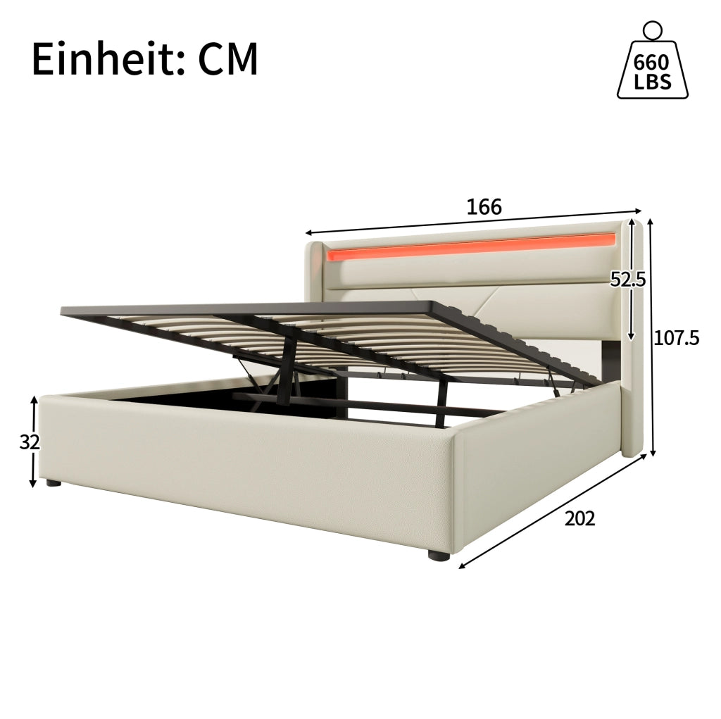 Letto imbottito contenitore con LED e rete sollevabile 160 x 200 cm bianco