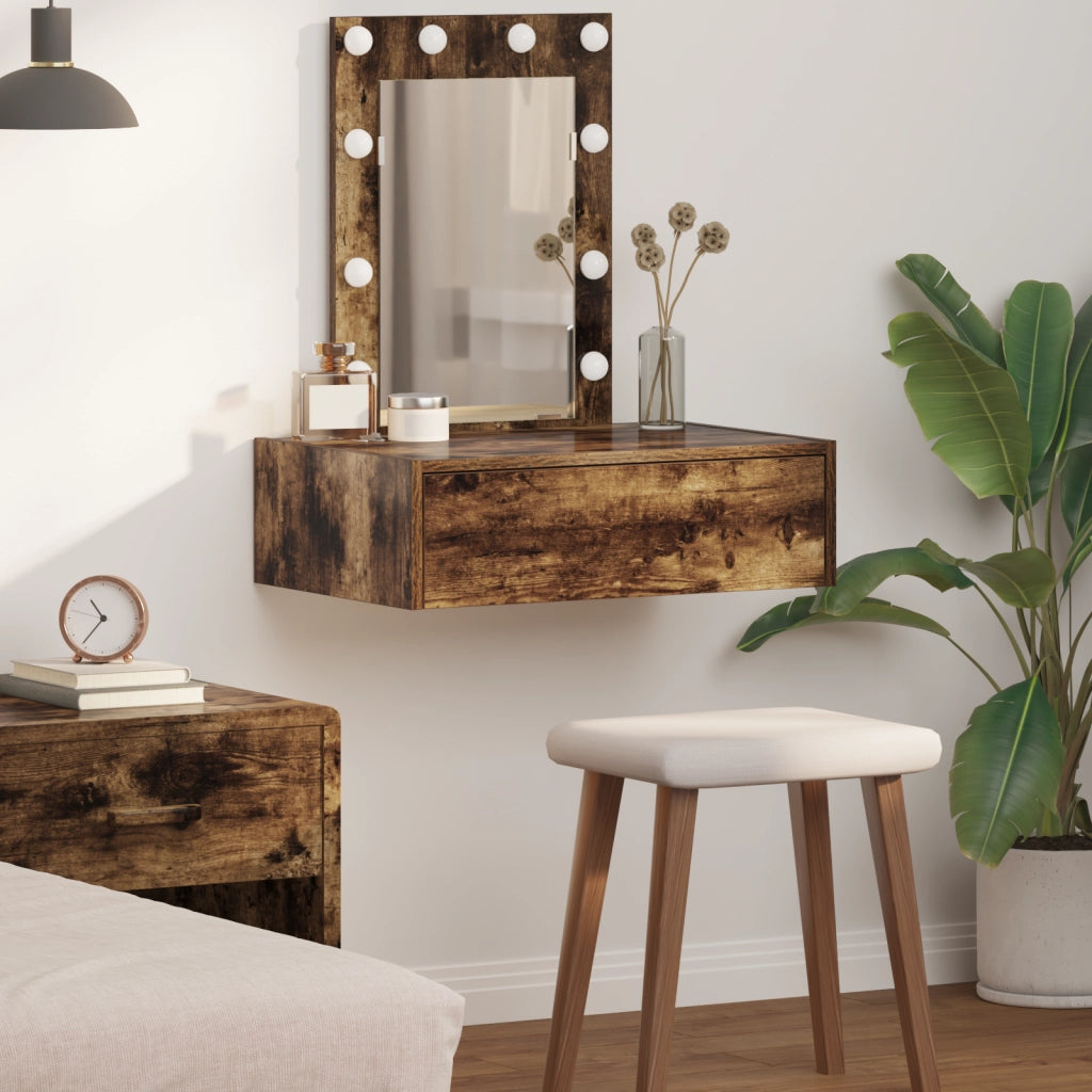 Specchio da Parete con Luci LED in Rovere Affumicato