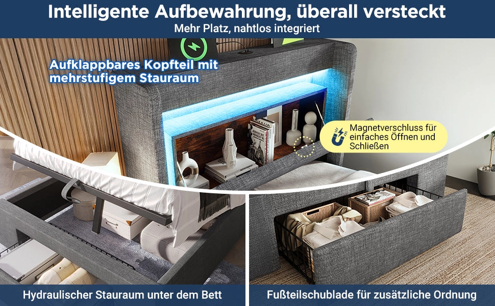 Letto Imbottito con Contenitore Idraulico, LED, Testiera ¨C MINIMAL ¨C Grigio, Tessuto, 90x200
