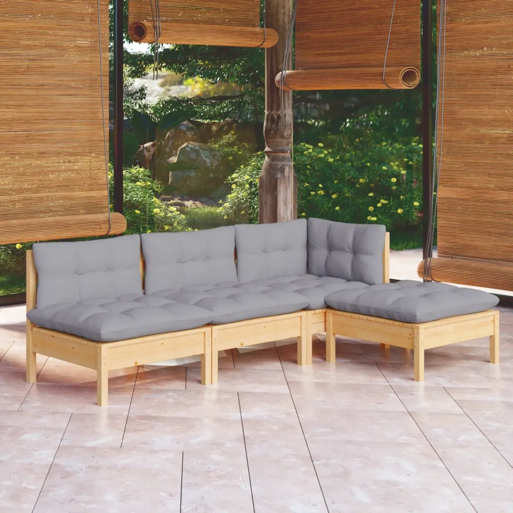 Set Divani da Giardino 4 pz | Set Salotto da Giardino con Cuscini Grigi Massello di Pino