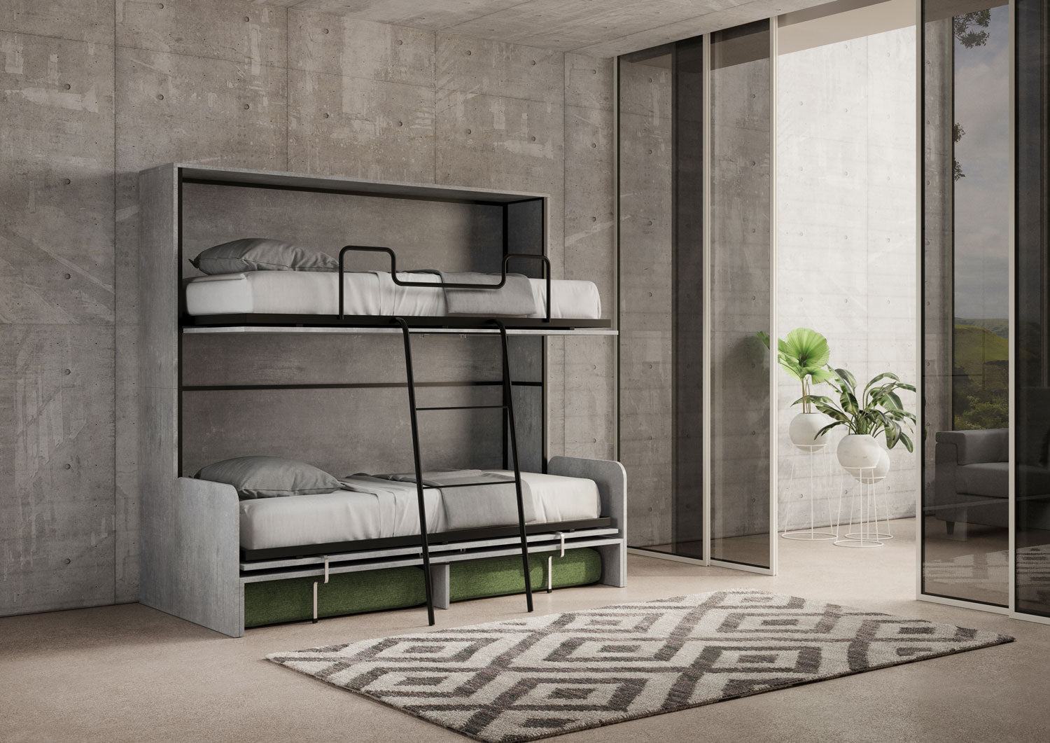 Letto Doppio A Scomparsa Kando Con Divano Cemento e Verde