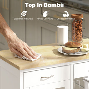 Carrello da Cucina 67x35x80 cm con 2 Cassetti Armadietto Ripiano e 2 Cestini in Acciaio e Bambù Bianco