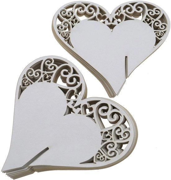 Tavolino di benvenuto a forma di cuore - 50 pezzi - Carta per decorazioni - Tavolino per la toletta - Decorazione per matrimoni - Decorazione per bicchieri da vino - Tavolino per la toletta