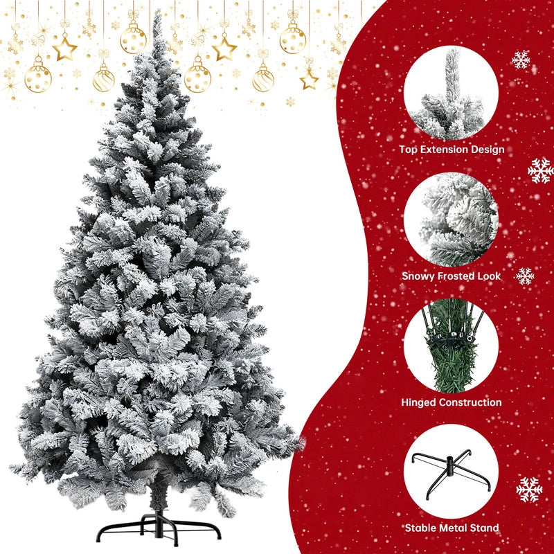 Albero di Natale in pino innevato super spesso con base a croce in ferro pieghevole, effetto neve realistico con rami che si aprono a ombrello (210cm)