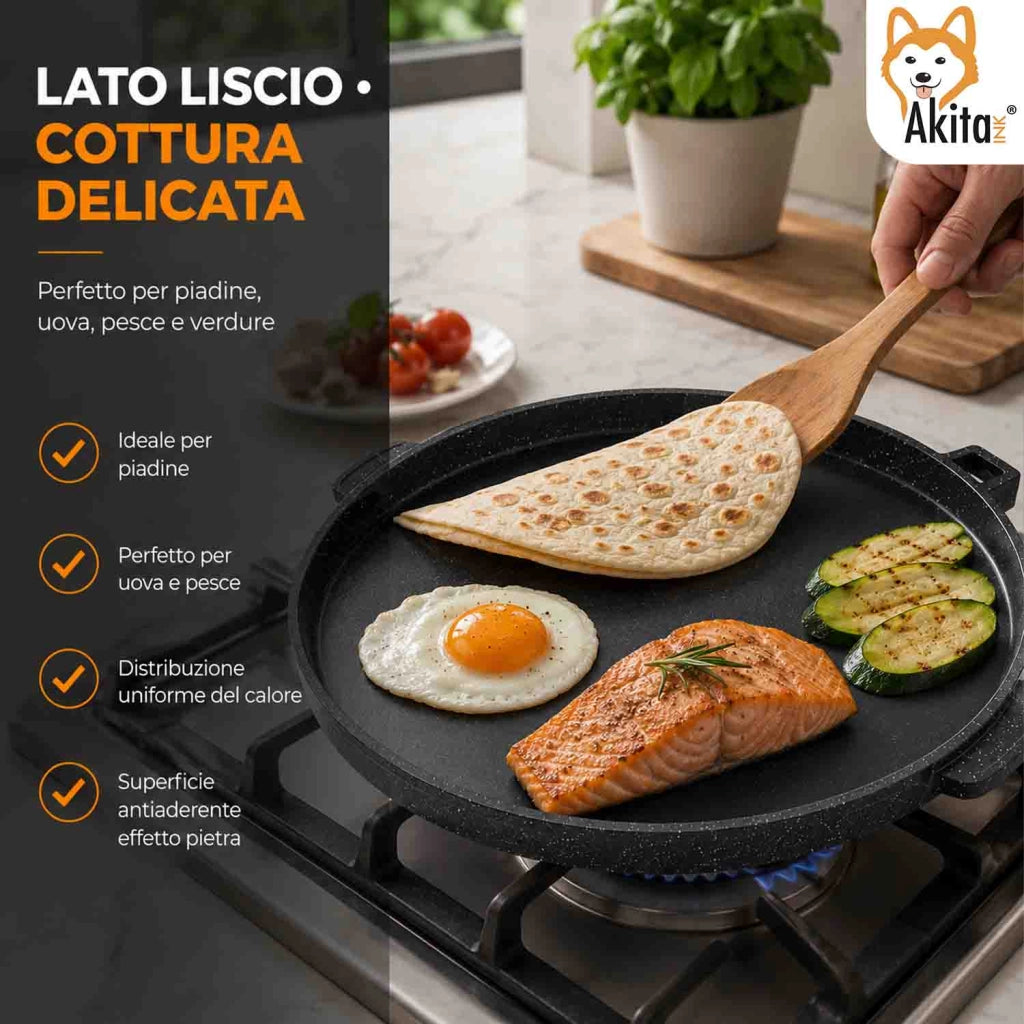 Akitaink Piastra Grill Double Tonda 28 cm Antiaderente Alluminio