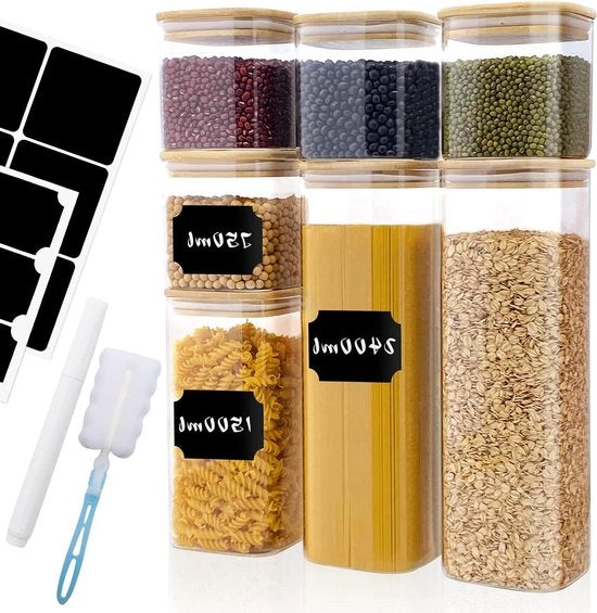 Set di contenitori in vetro per conservazione - 750 ml/1500 ml/2400 ml - rettangolari con coperchio in legno - per spaghetti, muesli, lenticchie