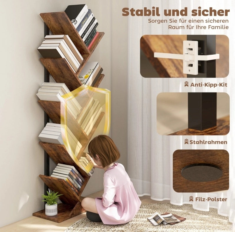 Libreria a 9 Ripiani a Forma di Albero in Acciaio, Marrone Rustico, 50x24x136 cm