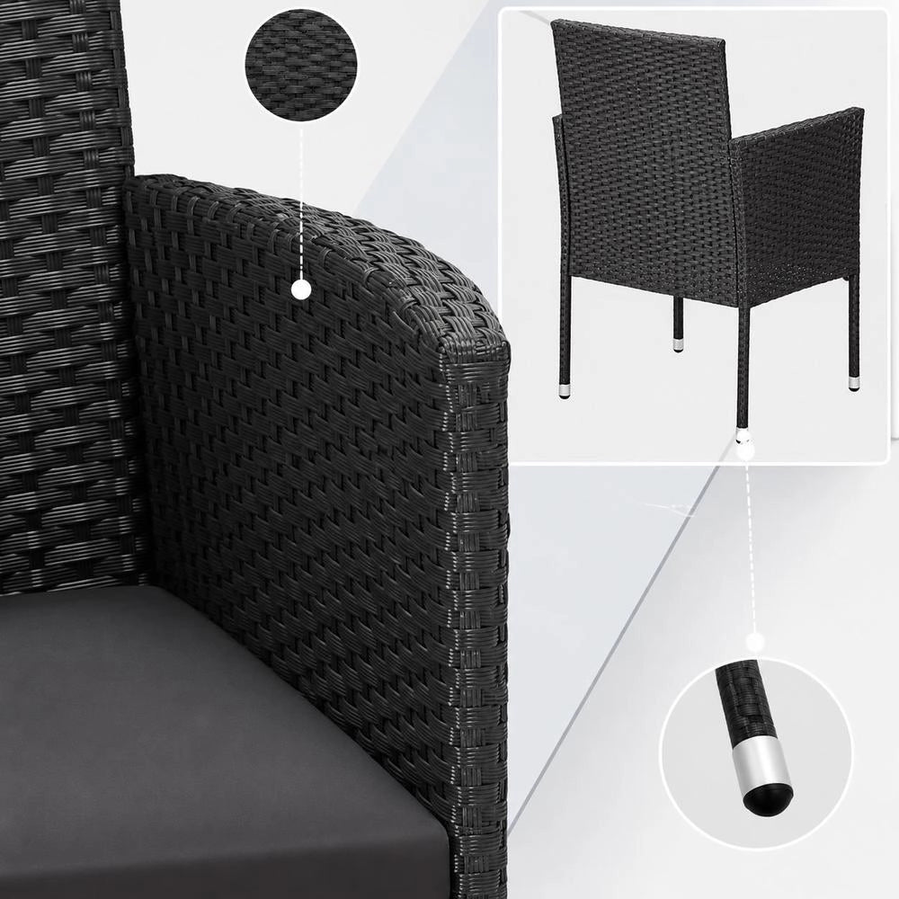 Garden Chairs With Cushions In Black, Set Of 4. Black Polyrattan.