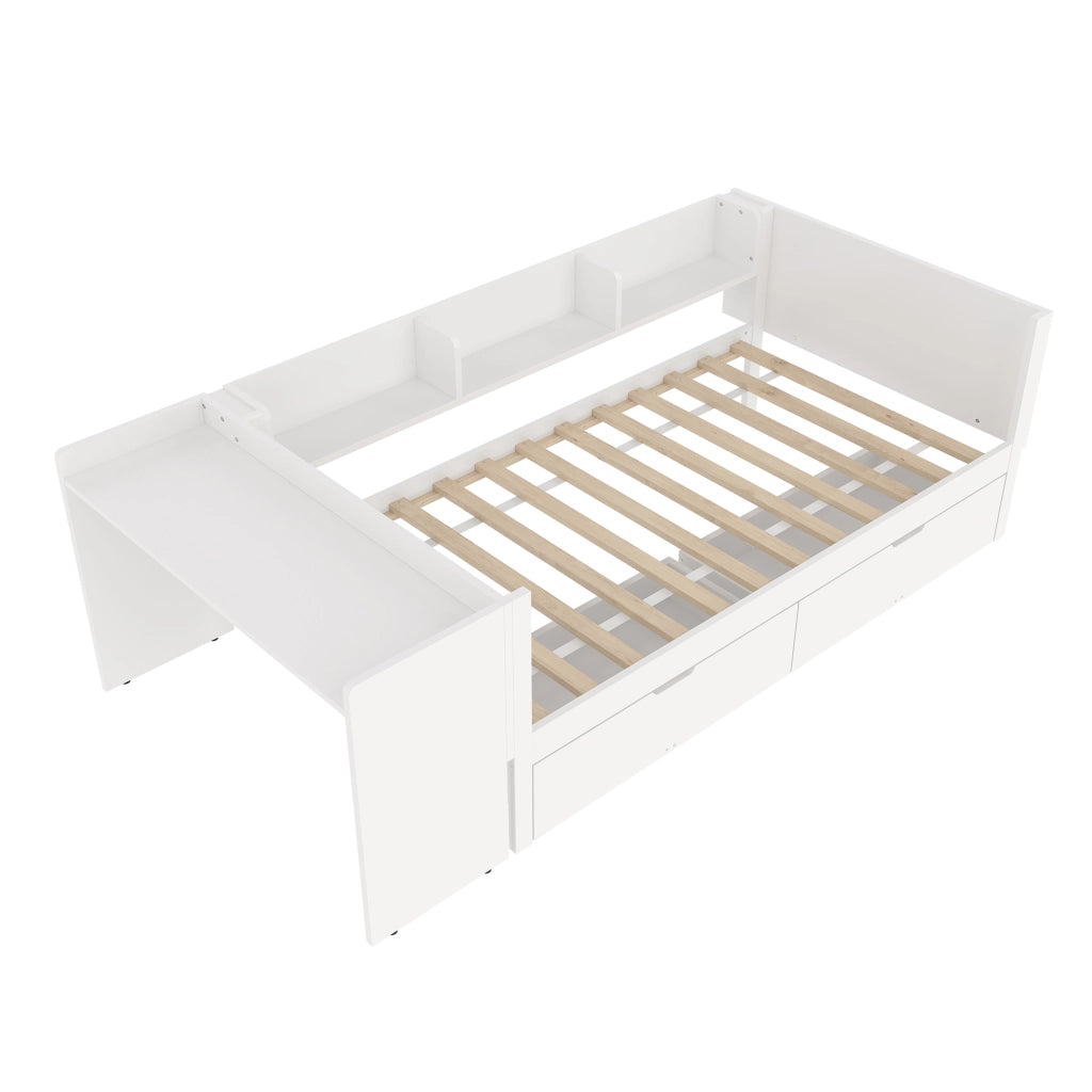 Letto singolo 90x200 cm con scrivania integrata; 2 cassetti e scaffali; bianco