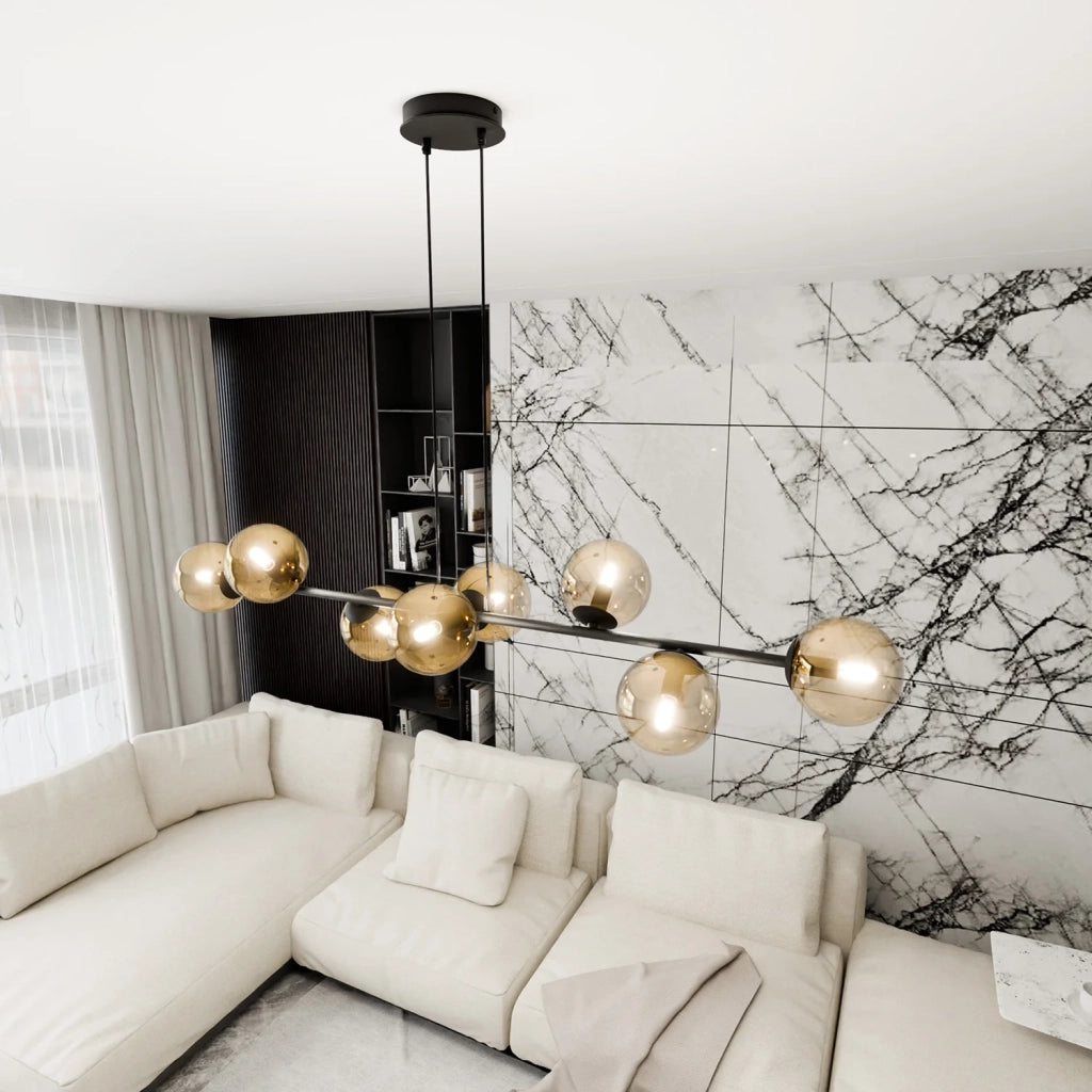 Lampadario Contemporaneo 8 Luci Durga In Acciaio Nero E Sfere In Vetro Ambra