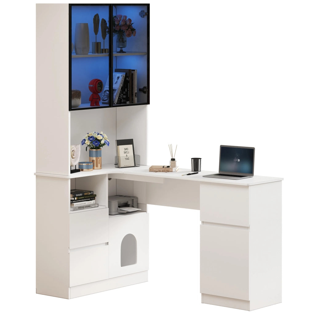Scrivania ad angolo 120x80x180 cm con vetrina LED; in MDF bianco