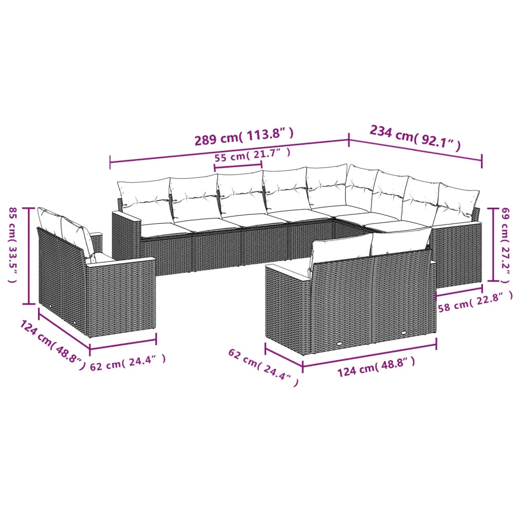 Set Divani da Giardino 12 pz con Cuscini Nero in Polyrattan 3258913