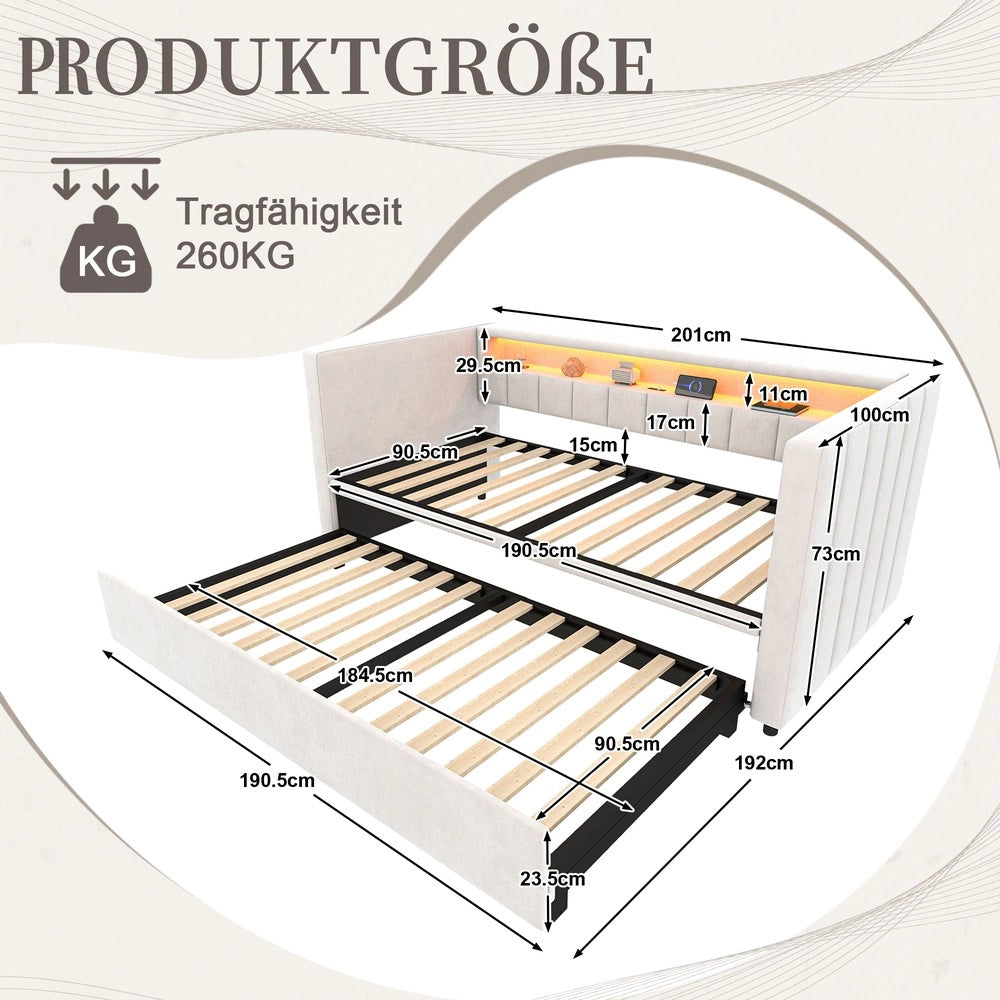 Divano Letto 90x190 con Contenitore, LED, USB, Velluto ¨C Xylo ¨C Beige
