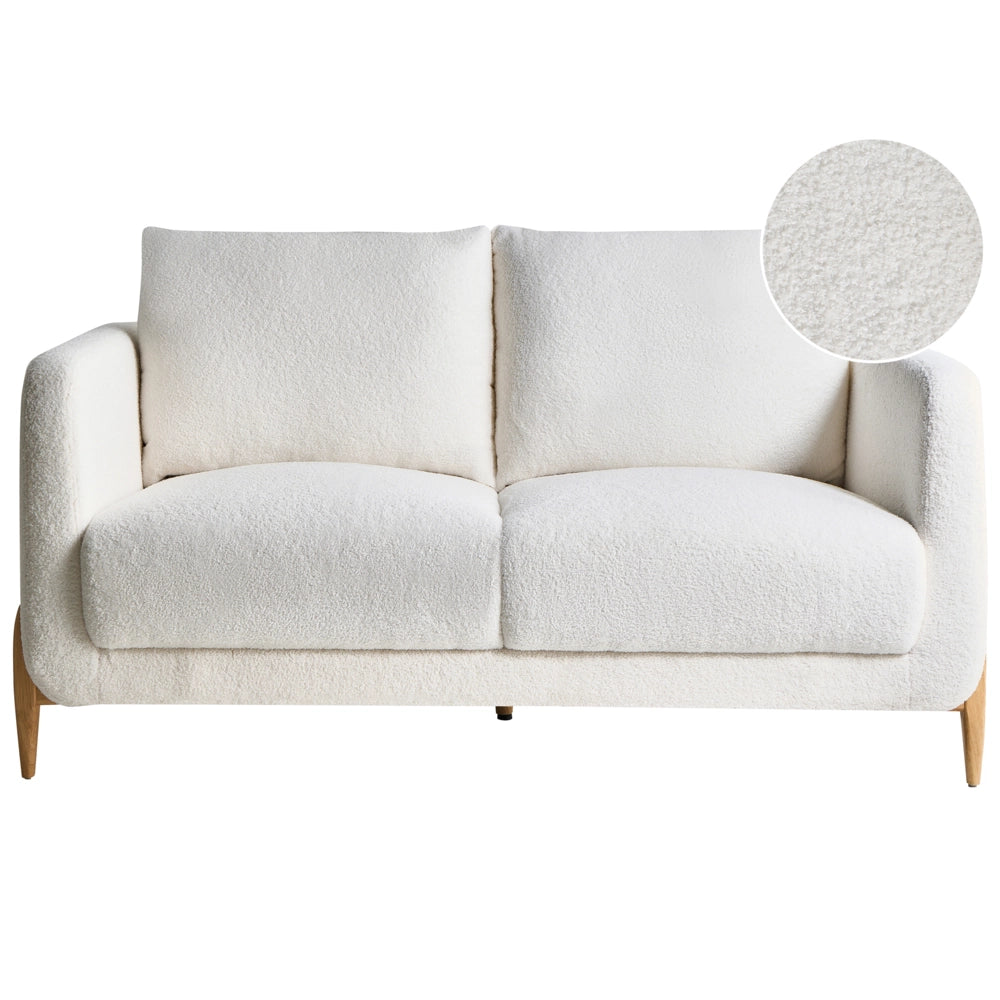 Divano a 2 posti Rivestimento in bouclè bianco Gambe in legno con braccioli Angolo lettura soggiorno Stile scandinavo moderno
