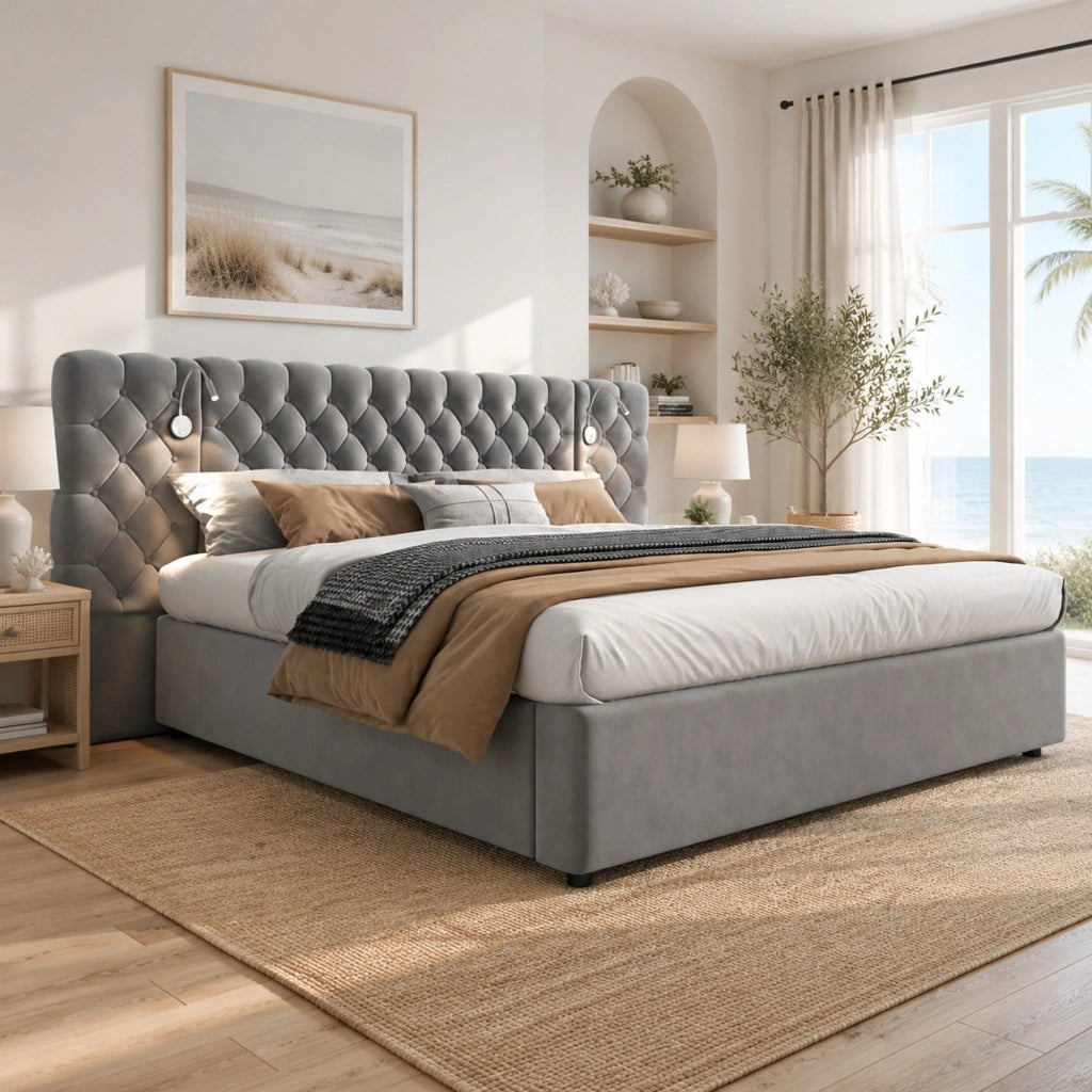 Letto imbottito 160x200 cm in velluto grigio con luce da lettura, contenitore idraulico e rete a doghe in legno