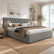 Letto imbottito 160x200 cm in velluto grigio con luce da lettura, contenitore idraulico e rete a doghe in legno