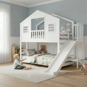 Letto a Castello con Scivolo e Finestre ¨C MINIMAL ¨C Pino/MDF, Bianco, 90x200