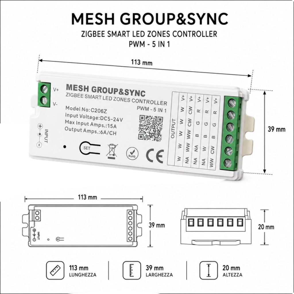 Centralina Controller 5 In 1 ZigBee, RF 2.4G TUYA, Smart Life, Max 15A Tot. (6A/CH) DC5-24V 360W, Per Striscia Led Mono Colore, CCT, RGB, RGBW, RGBCCT
