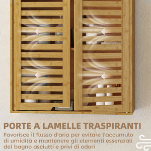 Pensile Bagno 60x20x60 cm con Ripiano Interno e Ante a Persiana in Bambù Color Legno