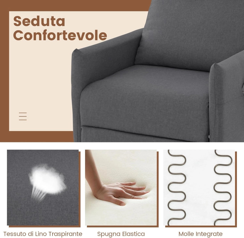 Poltrona Reclinabile, Poltrona in Tessuto di Lino con Schienale e Poggiapiedi Regolabili, Sedile Morbido Imbottito, 2 Tasche, per Soggiorno Camera da Letto, Carico 120 kg (Grigio scuro)