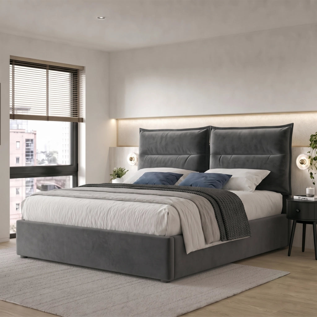 Letto matrimoniale idraulico – 140x200 cm – testiera regolabile contenitore – velluto grigio