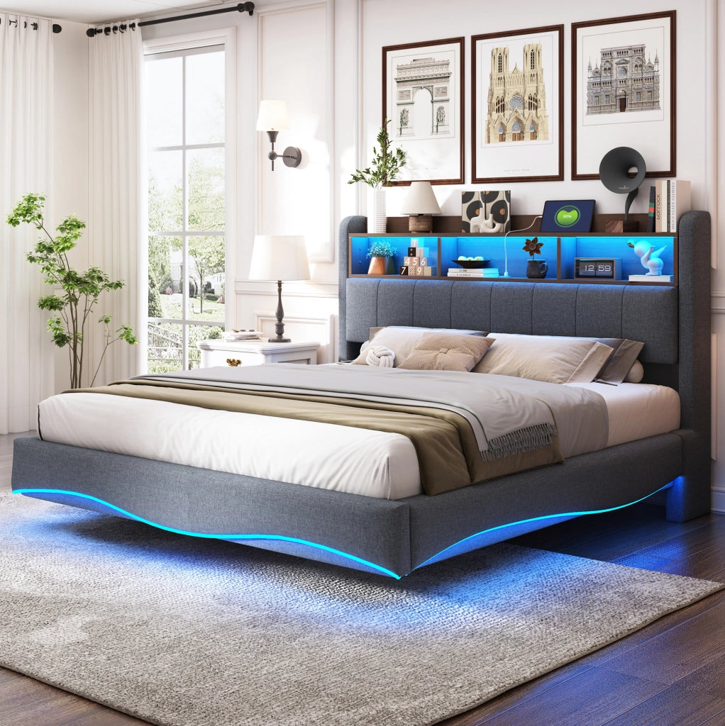 LETTO Imbottito 160x200 cm Grigio con LED, USB e Type-C