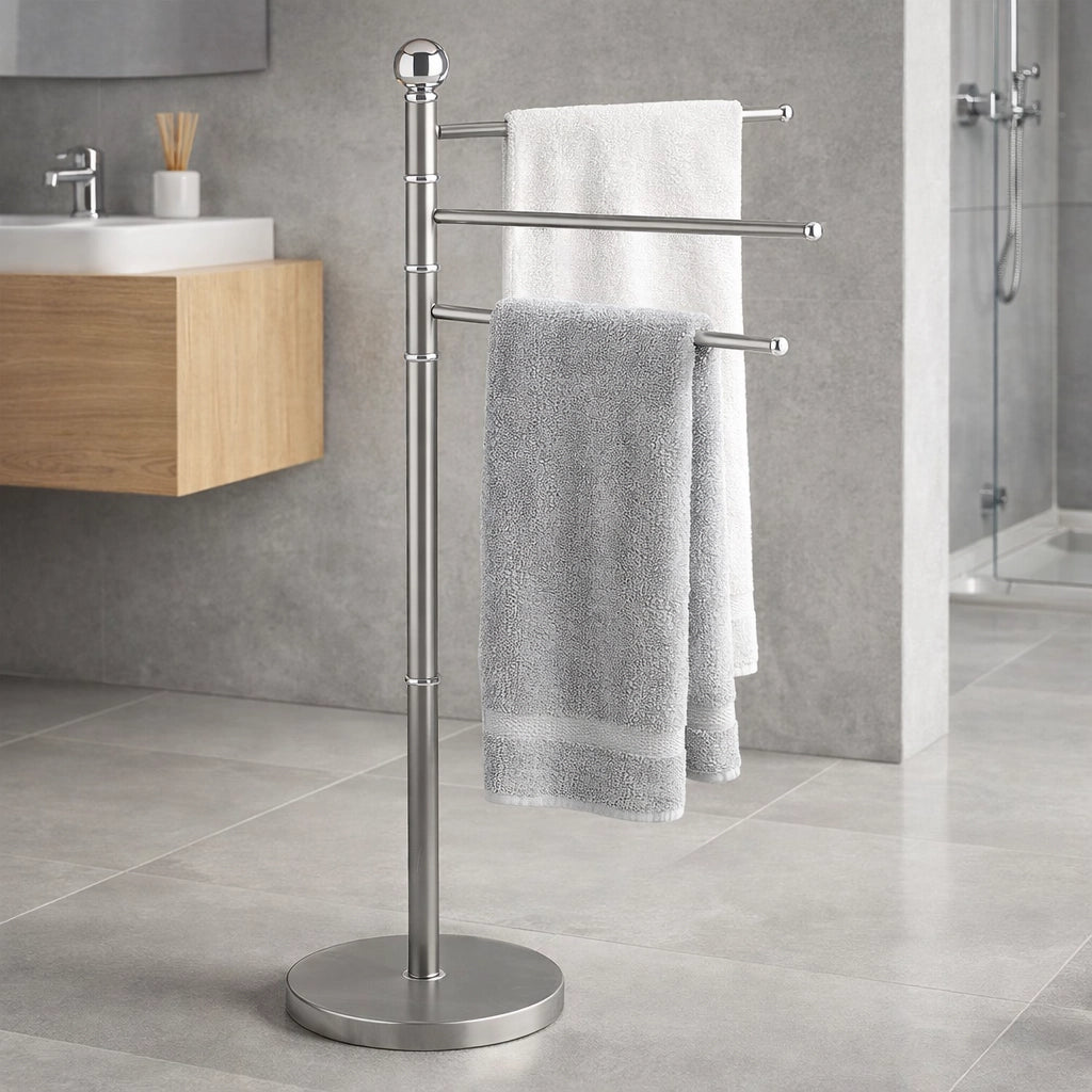 Piantana Porta Asciugamani da Bagno Acciaio Smaltato Base Tonda 3 Braccia Grigio