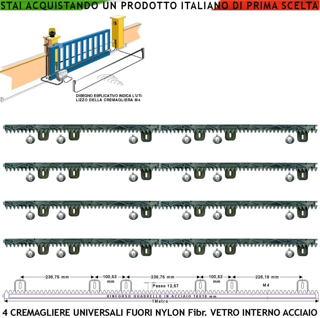 Asta Cremagliera M4 Antiusura Universale 4 Pezzi da 1 Metro in Nylon Antirumore Interno Acciaio Portata Garantita 6 Q.li Max 10 Q. 6 Bulloni Per Metro Ricambio Cancello Scorrevole Giunture a Incastro