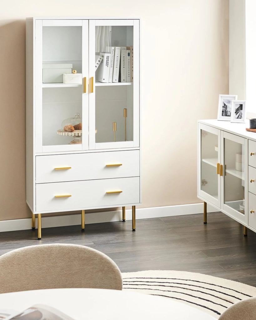 Vetrinetta in MDF bianco con ante in vetro e 2 cassetti Accenti dorati