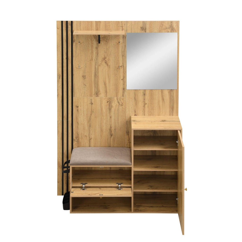 Set mobili ingresso con scarpiera, specchio, seduta imbottita e portaombrelli laterale, MDF naturale