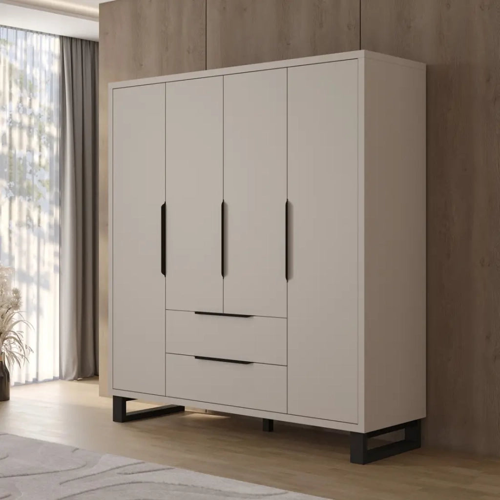 Armadio MILOS 4 porte cachemire con 2 cassetti e maniglie in metallo 191 cm