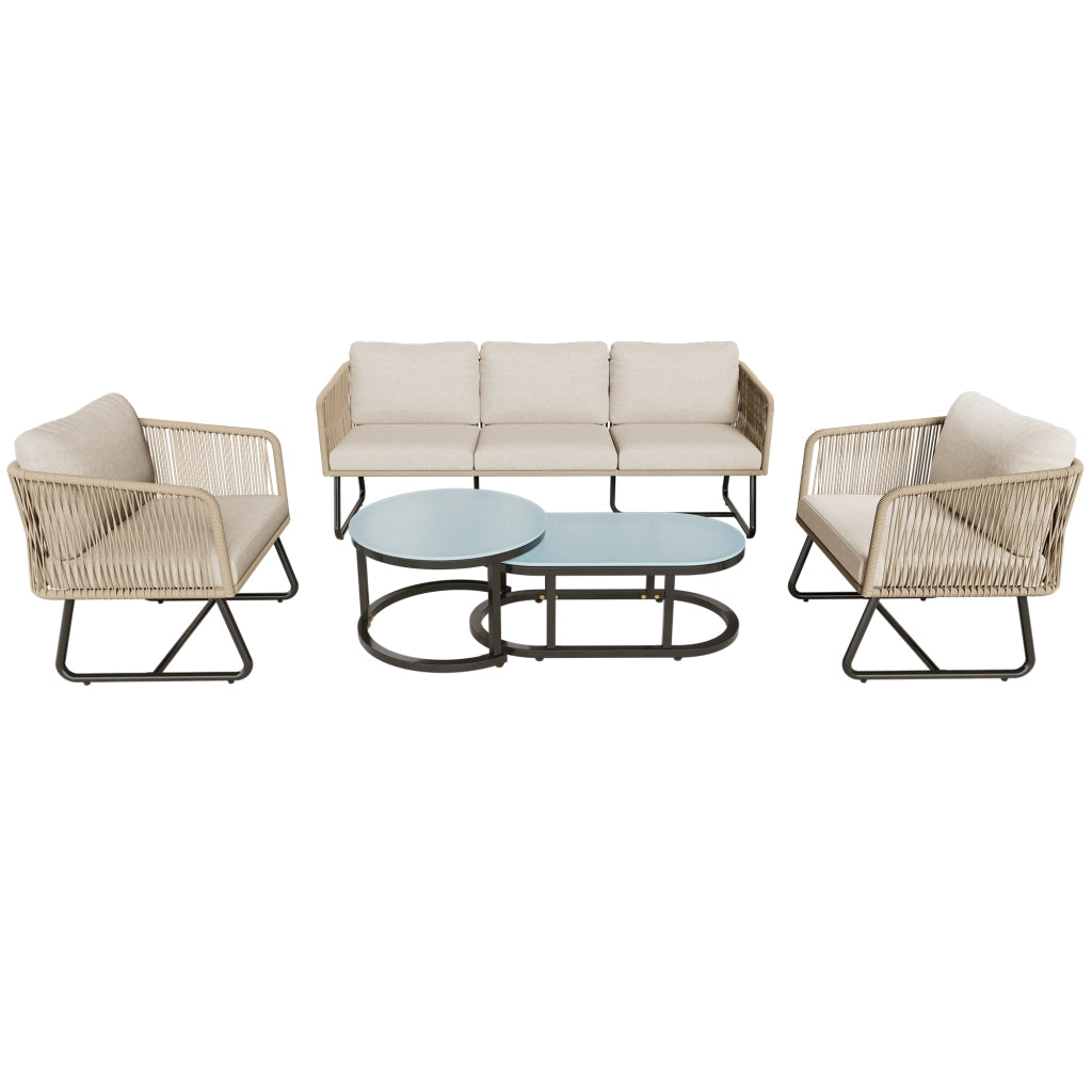 Set Lounge da Giardino 5 Pezzi con Cuscini ¨C MINIMAL ¨C Rattan/Vetro, Beige