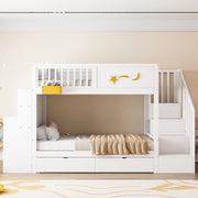 Letto a castello per bambini 90x200 cm in legno di pino bianco con scrivania; scala e cassetti